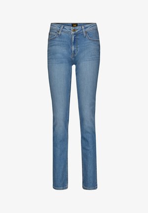 Lysblå denimjeans med lige ben-design, knaplukning og fem lommer. Har subtile falmninger og kontraststing.