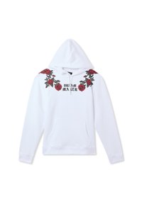 Felpa bianca con tasca frontale, presenta un ricamo di rose rosse attorno al colletto e la scritta "DREAM MAKER" in carattere nero.