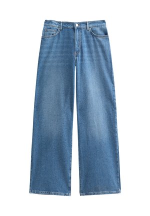 Blå vida jeans i denim med framknapp och dragkedja, bälteshällor och fem fickor.