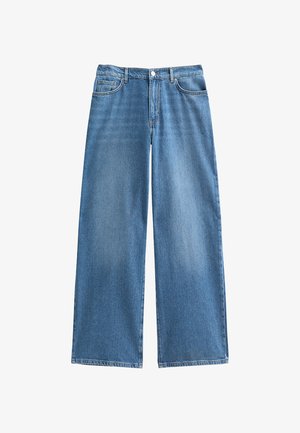 Blue wide-leg denim jeans with front button and zipper, belt loops, and five-pocket style.