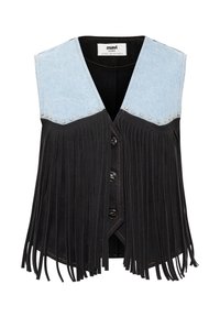 Fransenweste mit einem hellblauen Denim-Oberteil und einem schwarzen strukturierten unteren Abschnitt, akzentuiert mit silbernen Nieten und vorderen Knöpfen.