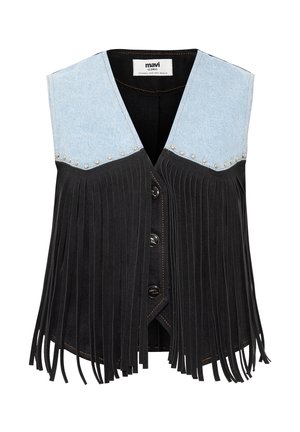 Fransenweste mit einem hellblauen Denim-Oberteil und einem schwarzen strukturierten unteren Abschnitt, akzentuiert mit silbernen Nieten und vorderen Knöpfen.