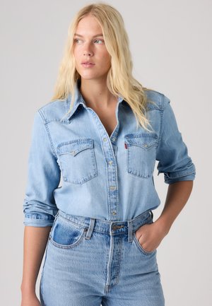 Blondynka ubrana w jasnoniebieską koszulę jeansową z podwiniętymi rękawami i dopasowane wysokie dżinsy, patrząca w lewo.