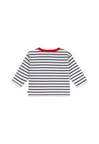 Πουκάμισο μακρυμάνικο από απαλό ύφασμα, με κόκκινο περίγραμμα στον λαιμό, λευκή βάση με οριζόντιες ναυτικές ρίγες και ροζ ανοιχτό τελειώματα στα μανίκια.