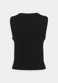 Zwarte mouwloze gebreide top met een geribbelde textuur, ronde halslijn en een getailleerde silhoët met een schone, afgewerkte onderrand.