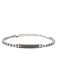 Pulsera de acero inoxidable con un diseño de cadena enlazada. Presenta un acento rectangular gris con una superficie texturada y una pequeña gema incrustada.