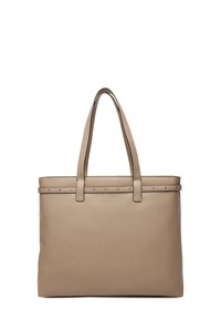 Borsa tote in pelle beige con due manici, caratterizzata da una texture liscia, un bordo superiore con piccoli fori e una forma rettangolare.