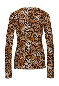 Langärmliges Oberteil mit einem Leopardenmuster in Brauntönen, Schwarz und Creme, aus glattem, leichtem Stoff gefertigt.