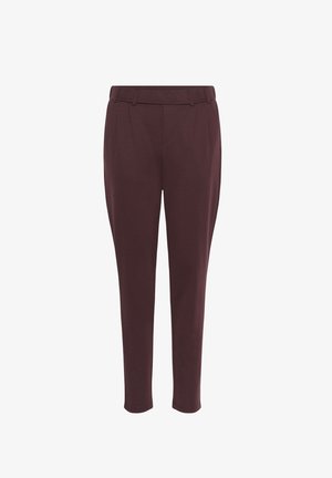 Pantaloni su misura color bordeaux realizzati in un tessuto liscio, con una vita alta, pieghe e gambe affusolate.