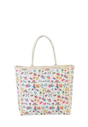 Blumen Tote Bag mit einem weißen Stoffkörper, natürlichem Fransenbesatz und langen Trägern. Verziert mit bunten Mustern von Blumen, Schmetterlingen und Totenköpfen.