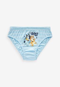 Hellblaue Schwimmslips mit verspielten Cartoonfiguren, gestreiftem Muster und elastischem Bund. "Bluey"-Schriftzug prominent angezeigt.