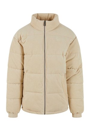 Giacca imbottita in velluto a coste beige con collo alto, motivo trapuntato orizzontale, zip frontale e polsini elastici per una vestibilità aderente.