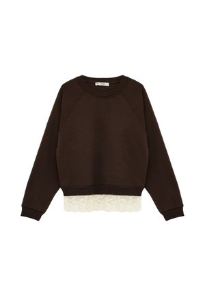 Felpa a maniche lunghe color marrone scuro con scollo rotondo e rifinitura in pizzo bianco visibile all'orlo.