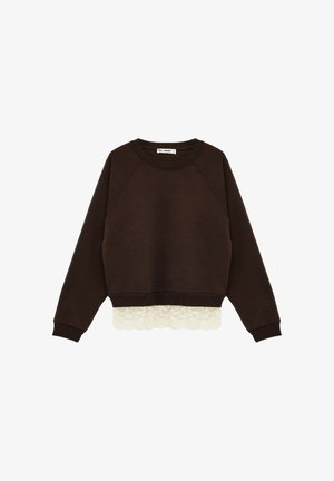 Sweat-shirt marron foncé à manches longues avec col rond et bordure en dentelle blanche visible à l'ourlet.