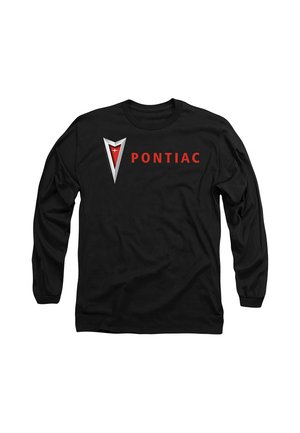 Schwarzes Langarmshirt mit rotem und silbernem Pontiac-Logo und dem Schriftzug „PONTIAC“ in roten Buchstaben auf der Brust.