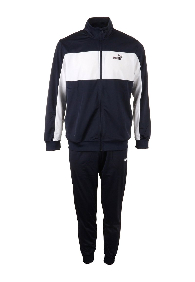 Tuta da ginnastica blu navy con una striscia orizzontale bianca sul petto. Realizzato in tessuto liscio, presenta una giacca con zip e polsini e vita elasticizzati.
