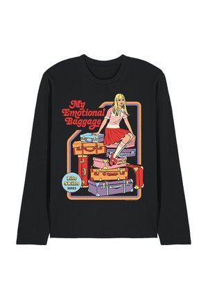 Blonde girl in red skirt sitting on stacked colorful suitcases with text "My Emotional Baggage" and "Life Skills Series" on black long-sleeve shirt.