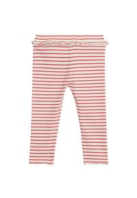 Ribbestrikkede leggings i blødt stof, med røde striber på en hvid baggrund, og en flæset talje med rå kant.