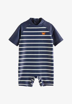 T-shirt de bain à manches courtes bleu marine avec des rayures blanches, fermeture éclair au dos et un petit logo de crabe orange sur la poitrine. Fabriqué en matériau extensible.
