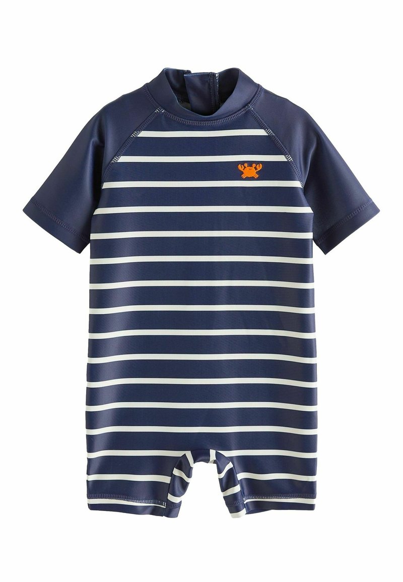 T-shirt de bain à manches courtes bleu marine avec des rayures blanches, fermeture éclair au dos et un petit logo de crabe orange sur la poitrine. Fabriqué en matériau extensible.