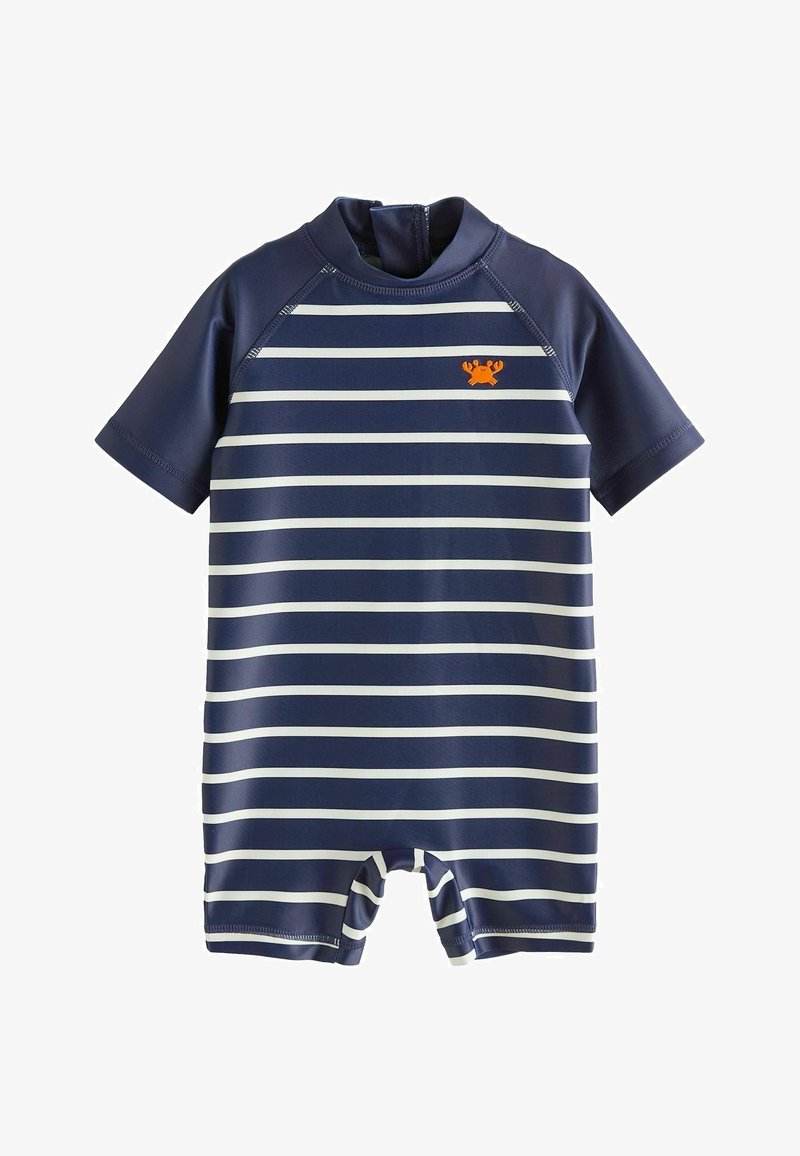 Marineblaues T-Shirt mit kurzen Ärmeln und weißen Streifen, mit Reißverschluss auf der Rückseite und einem kleinen orangefarbenen Krabbenlogo auf der Brust. Hergestellt aus dehnbarem Material.