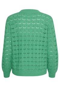 Pulover tricotat verde deschis cu un model de dantelă, guler rotund și mâneci lungi. Mansetele și tivul ribbate accentuează designul.