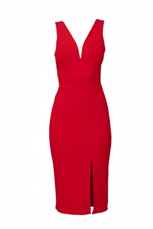 Μάξι κόκκινο φόρεμα χωρίς μανίκια με βαθύ V-ντεκολτέ και σκίσιμο μπροστά, εφαρμοστό σχήμα, λεπτομέρεια ραφής στη μέση.