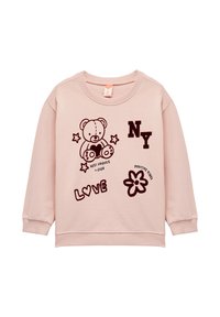 Lichtroze sweatshirt met een teddybeer grafiek, tekst en bloemenontwerpen in donkerbruin. Ribgebreide ronde hals en manchetten.