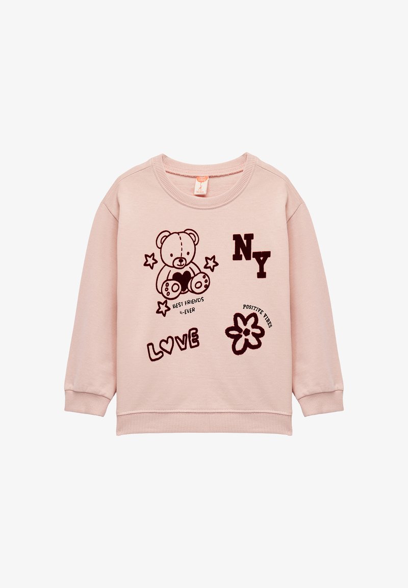 Felpa rosa chiaro con grafica di un orsetto, testo e motivi floreali in marrone scuro. Collo e polsini a costine.