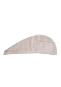 Toalla de microfibra beige para el cabello, forma de media luna, textura suave, cuenta con un lazo y una etiqueta LUI en el borde. Ideal para secar el cabello.