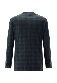 Dark plaid blazer featuring a smooth texture, lightweight fabric, notch lapels, and buttoned cuff accents. Back view illustrates structured design.