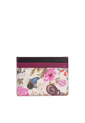 Floral card holder featuring a cream background, vivid pink flowers, a blue butterfly, and maroon accents; black and purple trim.