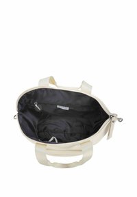 Tote-Bag aus Canvas in Cremefarbe, mit Reißverschlussverschluss, glattem Innenraum und einer seitlichen Reißverschluss-Tasche. Robuste, flache Tragegriffe.