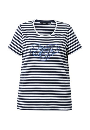 T-shirt a manica corta a righe orizzontali blu navy e bianche con scollatura rotonda e iniziali "UF" in blu ricamate sul petto.