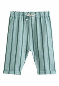 Světlomodré pruhované bavlněné kalhoty s elastickým pasem a šňůrkou na stažení. Mají ohrnuté manžety a strukturovanou látku.
