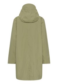 Imperméable long vert olive clair avec de longues manches et une capuche intégrée, présenté de dos sur un fond blanc.