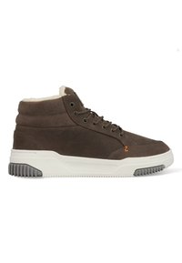 Bruine hoge sneakers van suede en leer, met een witte rubberen tussenzool, een gestructureerde grijze loopzool en een voering van bont.