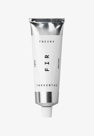 Aluminum tube of FIR hand cream, white label with black text, featuring circular cap, organic formula, sleek cylindrical shape.