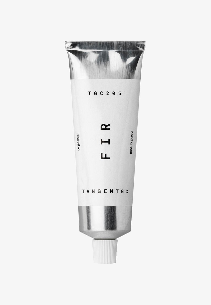Aluminum tube of FIR hand cream, white label with black text, featuring circular cap, organic formula, sleek cylindrical shape.