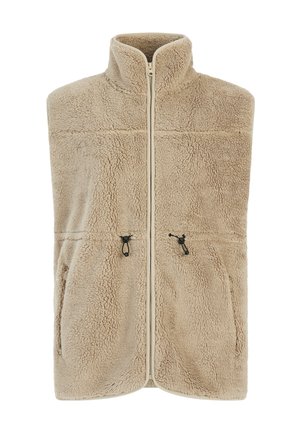 Beige fleece vest met hoge kraag, ritssluiting aan de voorkant, twee lagere zakken en verstelbare toggles. Zacht, textuurstof bedekt gelijkmatig het oppervlak.