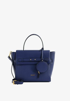 Sac à main structuré bleu marine avec poignée supérieure, bandoulière réglable, fermeture à rabat, porte-monnaie rond et détails en métal doré.