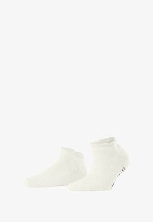 White ankle socks with a scalloped cuff, ribbed texture, and reinforced toe. Features brand logo on the side. Soft and lightweight material.