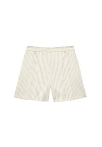 Vita shorts med tunna vertikala randningar, rak passform, midjeband med bältesöglor, tillverkade av ett lättviktigt material.