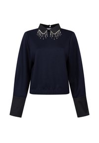 Marineblaues Sweatshirt mit schwarzem Kragen, das aufwändige Perlenverzierungen aufweist. Langer Ärmel mit kontrastierenden schwarzen Bündchen.