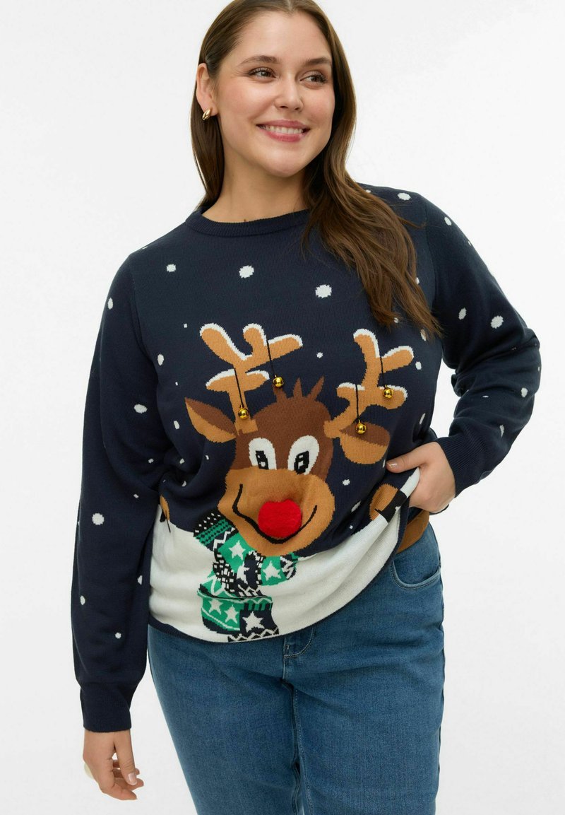 Granatowy sweter z dzianiny z uroczym wzorem renifera z czerwonym nosem, śnieżynkami i zielonym szalikiem w wzory; okrągły dekolt, długie rękawy.