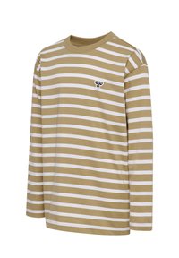 Lange mouw gestreepte shirt van zachte katoen. Heeft witte en beige horizontale strepen met een klein zwart logo op de borst.