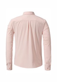 Helle rosa Langarmbluse mit Schulterpasse, Knopfmanschetten, weichem Griff und klassischem Kragendesign. Glattes Material und schlichte Verarbeitung.