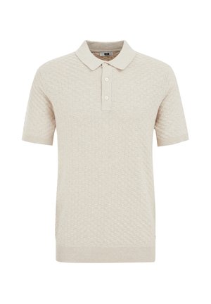 Kreminė megzta polo marškinė su tekstūruota avilio raštu, trumpomis rankovėmis ir trimis sagutėmis. Raukšlėta apykaklė ir apatinės dalies akcentai.