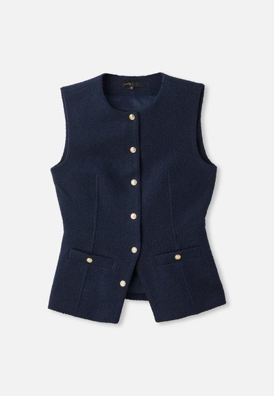 Vesta fără mâneci de culoare albastru marin, confecționată dintr-un material texturat, cu decolteu rotund, nasturi aurii pe toată lungimea și două buzunare frontale.