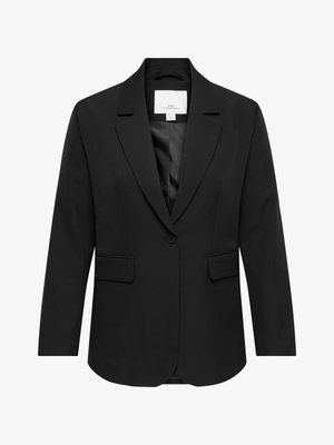 Blazer noir à un bouton, avec revers crantés, poches à rabat et doublure intérieure lisse.